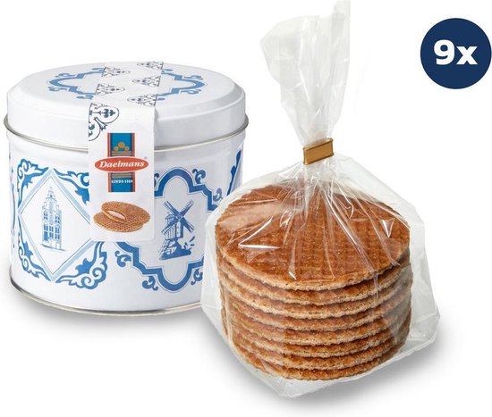 Daelmans Stroopwafels in Delfts Blauw blik - Doos met 9 blikken - 230 gram per blik - 8 Stroopwafels per blik (72 Koeken) Daelmans Stroopwafels in Delfts Blauw blik - Doos met 9 blikken - 230 gram per blik - 8 Stroopwafels per blik (72 Koeken)
