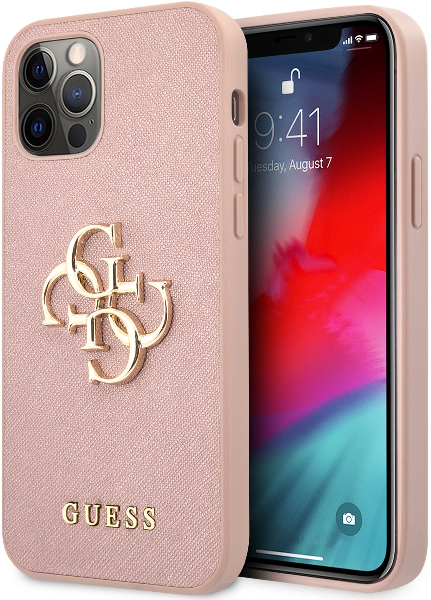 Guess 4G Saffiano metal Logo Case iPhone 12 Pro Max Roze