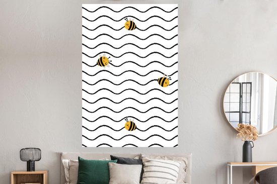 Patron enfant avec abeilles sur rayures noires ondulées 120x180 cm XXL / Groot format!