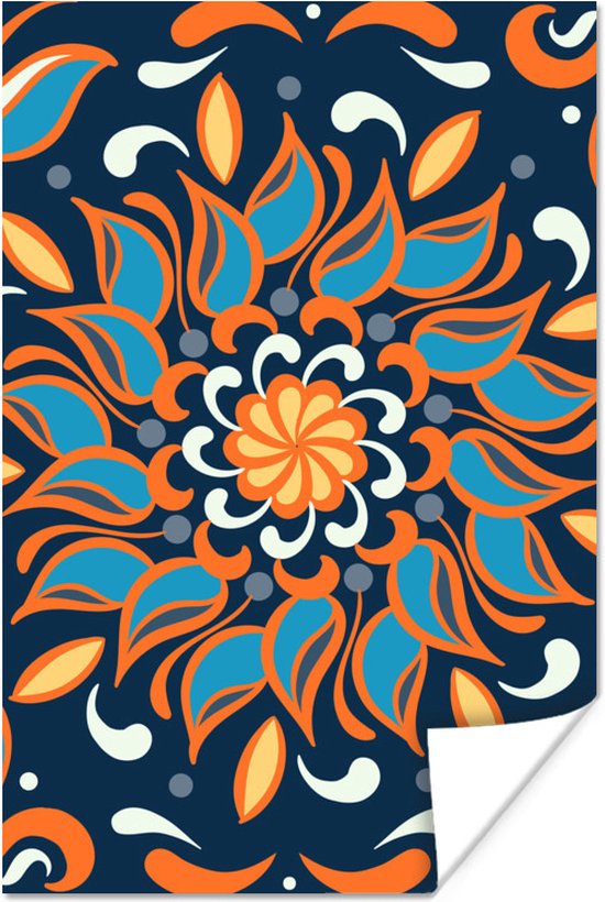 Vierkant en abstract patroon van een blauw met oranje zonnebloem op een donkerblauwe achtergrond 40x60 cm - Foto print op Poster (wanddecoratie woonkamer / slaapkamer)
