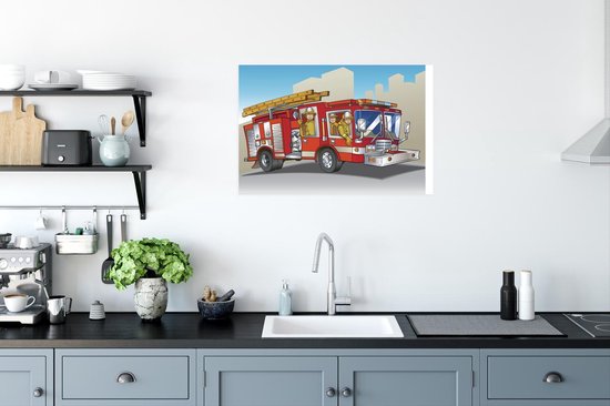 Illustration pour enfants de pompiers en camion de pompiers 30x20