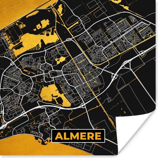 Poster Stadskaart - Almere - Goud - Zwart - 100x100 cm XXL - Plattegrond