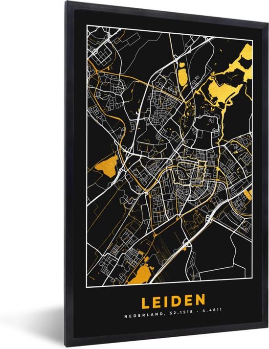 Fotolijst incl. Poster - Kaart - Leiden - Goud - Zwart - 20x30 cm - Posterlijst