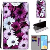 Voor OPPO A15 / A15s Gekleurde tekening Cross Texture Horizontale Flip PU lederen tas met houder & kaartsleuven & portemonnee & lanyard (Chrysanthemum Pink White Purple)