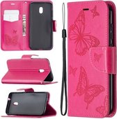 Voor Nokia C1 Plus Twee Vlinders Embossing Patroon Horizontale Flip Leren Case met Houder & Kaartsleuf & Portemonnee & Lanyard (Rose Rood)