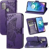 Voor Motorola Moto G30 / G10 Butterfly Love Flower Reliëf Horizontale Flip Leather Case met Bracket & Card Slot & Wallet & Lanyard (Dark Purple)