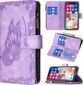 Voor iPhone XS Max Flying Butterfly Embossing Pattern Rits Horizontale Flip lederen tas met houder & kaartsleuven & portemonnee (paars)