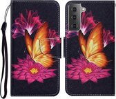 Voor Samsung Galaxy S21 FE Gekleurde tekening patroon Horizontale Flip PU lederen tas met houder & kaartsleuven & portemonnee & lanyard (grote gouden vlinder)