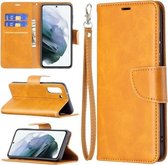 Voor Samsung Galaxy S21 FE Retro Lambskin Texture Pure Color Horizontale Flip PU Leather Case met Houder & Kaartsleuven & Portemonnee & Lanyard (Geel)