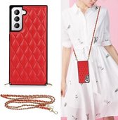 Voor Samsung Galaxy S21 5G Elegant Rhombic Pattern Microfiber Leather + TPU Shockproof Case met Crossbody Strap Chain (Rood)