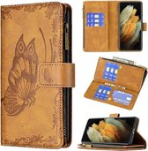 Voor Samsung Galaxy S21 Ultra 5G Vliegende Vlinder Embossing Patroon Rits Horizontale Flip Leren Case met Houder & Kaartsleuven & Portemonnee (Bruin)
