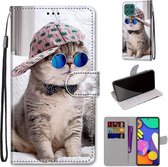 Voor Samsung Galaxy F62 / M62 Gekleurde tekening Cross Texture Horizontale Flip PU lederen tas met houder & kaartsleuven & portemonnee & lanyard (Slant Hat Blue Mirror Cat)