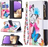 Voor Samsung Galaxy A32 4G Gekleurde Tekening Patroon Rits Horizontale Flip Leren Case met Houder & Kaartsleuven & Portemonnee (Twee Vlinders)