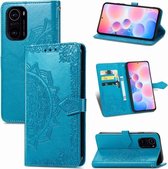 Halverwege Mandala-reliëfpatroon Horizontaal leren flip-hoesje met houder & kaartsleuven & portemonnee & lanyard voor Xiaomi Redmi K40 / K40 Pro / K40 Pro + (blauw)