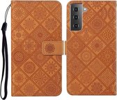 Voor Samsung Galaxy S21 FE etnische stijl reliëf patroon horizontale flip lederen tas met houder & kaartsleuven & portemonnee & lanyard (bruin)