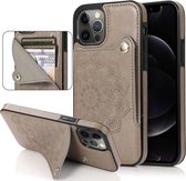 Reliëfpatroon PU + TPU beschermhoes met houder & portemonnee & kaartsleuven voor iPhone 12/12 Pro (grijs)