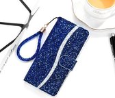 Voor Samsung Galaxy A02s (EU-versie) Glitterpoeder Horizontale lederen flip-hoes met kaartsleuven en houder en draagkoord (blauw)