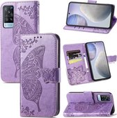 Voor vivo X60 Butterfly Love Flowers Reliëf Horizontale Flip Leren Case met Houder & Kaartsleuven & Portemonnee & Lanyard (Lichtpaars)