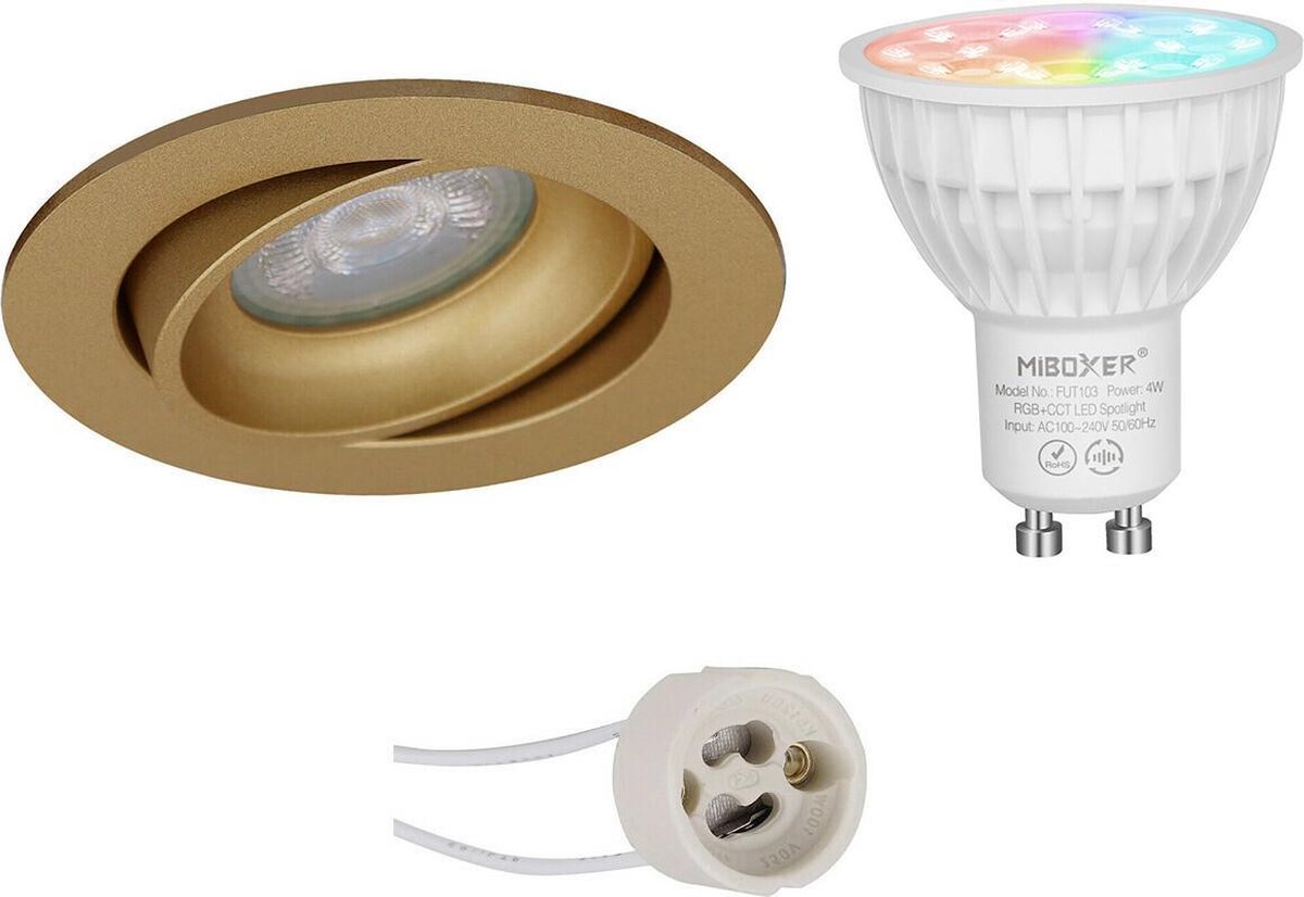 Mi-Light MiBoxer - LED Spot Set GU10 - Smart LED - Wifi LED - Slimme LED - 4W - RGB+CCT - Aanpasbare Kleur - Dimbaar - Proma Delton Pro - Inbouw Rond - Mat Goud - Kantelbaar - Ø82mm