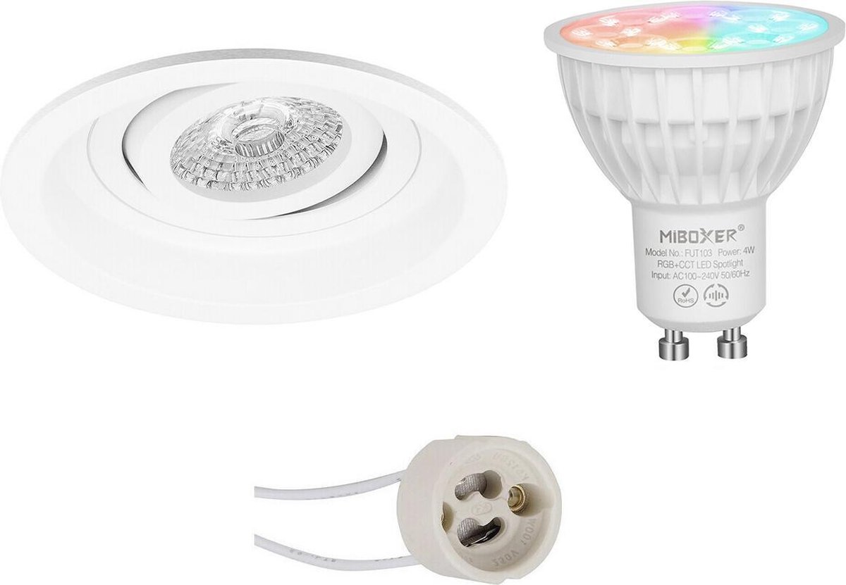 Mi-Light MiBoxer - LED Spot Set GU10 - Smart LED - Wifi LED - Slimme LED - 4W - RGB+CCT - Aanpasbare Kleur - Dimbaar - Proma Domy Pro - Inbouw Rond - Mat Wit - Verdiept - Kantelbaar - Ø105mm