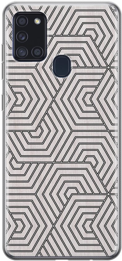 Coque transparente pour Samsung Galaxy A21s avec motifs géométriques gris et blancs.