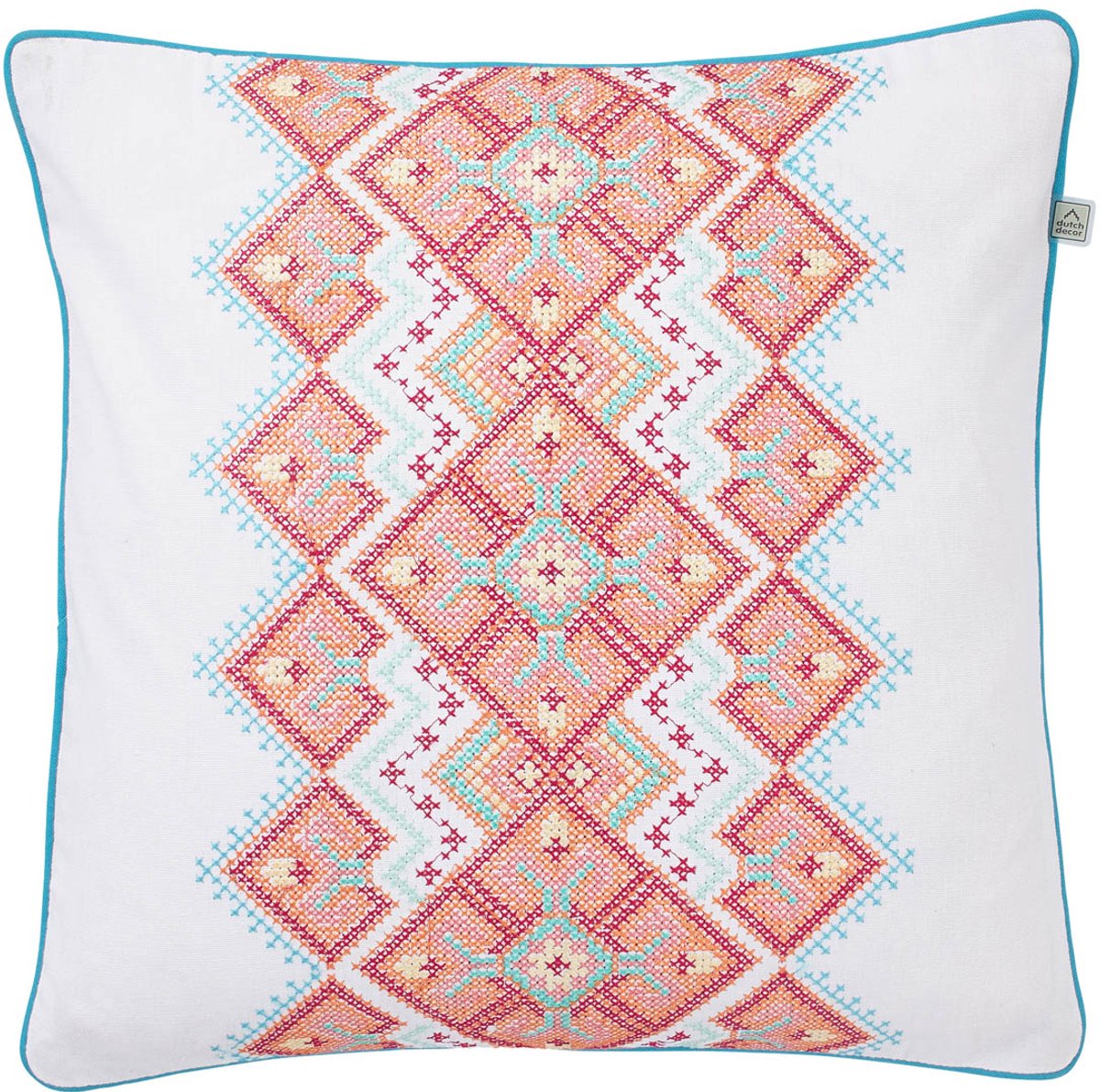 Dutch Decor PETRO - Sierkussen geborduurd patroon 45x45 cm - aztec - aqua - blauw- wit - roze - oranje - 100% katoen - Inclusief binnenkussen