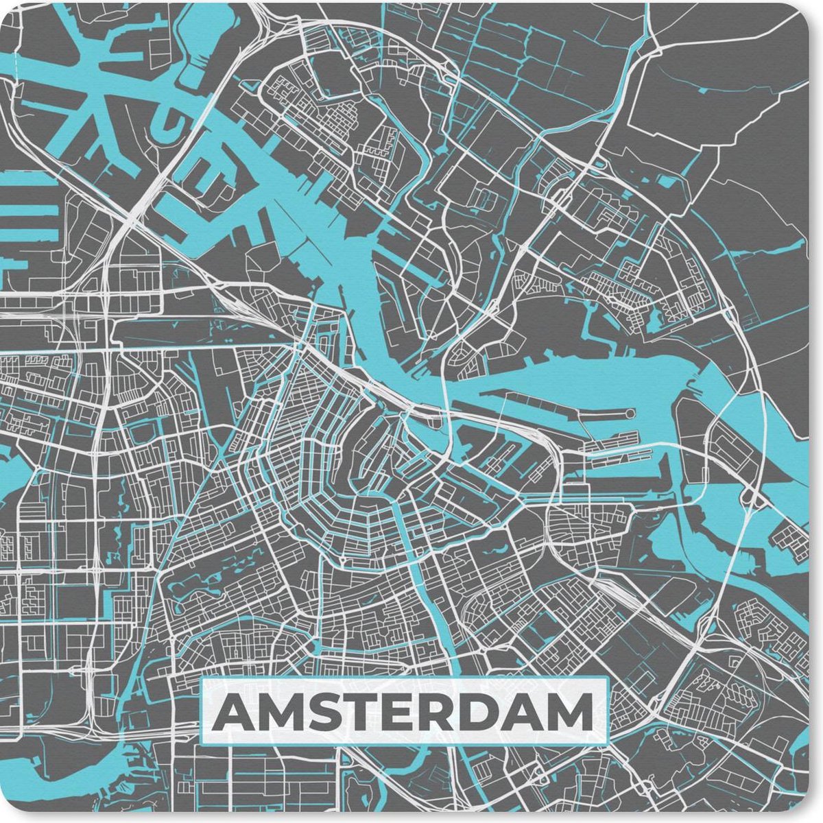 Muismat 20x20 cm - Mousepad Plattegrond - Amsterdam - Grijs - Blauw - Muismatten - Stadskaart