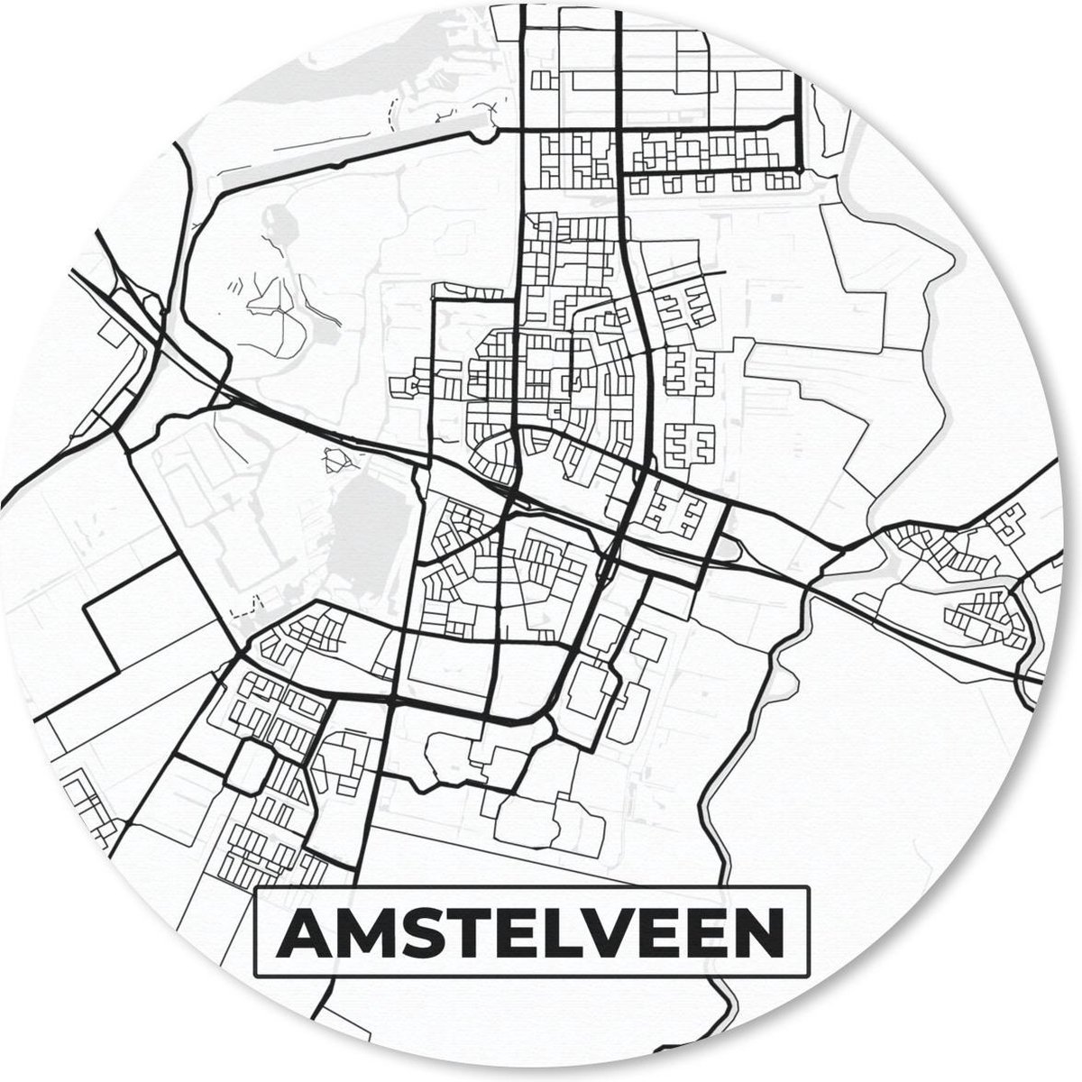 Muismat rond 30x30 cm - Mousepad Kaart - Amstelveen - Zwart - Wit - Ronde muismatten