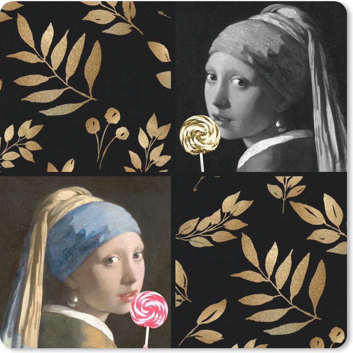 Muismat 30x30 cm - Mousepad Meisje met de parel - Goud - Collage - Muismatten