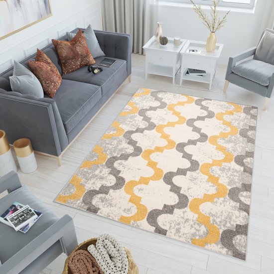 Tapiso Lazur Plancher Salon Chambre Grijs Jaune Design Trèfle Impression Atmosphérique Moderne Intérieur Géométrique Durable De Haute Qualité Taille De Tapis - 160 x 220 cm