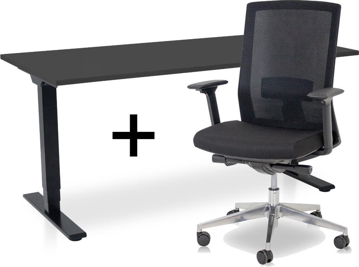 Zit-sta bureau elektrisch verstelbaar + ERGO Bureaustoel | NEN-EN 527 COMFORT Thuiswerkset | frame bureau zwart - bureaublad zwart | 160x80 cm