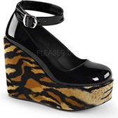 Poison-03 wedge pump with ankle strap and leopard print patent black/brown - (EU 40 = US 10) - Demonia