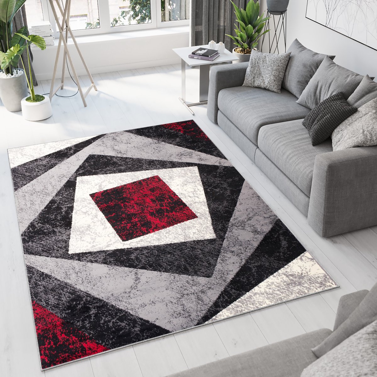 Tapiso Dream Vloerkleed Grijs Rood Modern Geometrisch Woonkamer Tapijt Maat- 140x200 Grijs Antraciet Rood