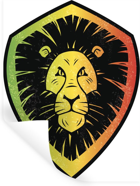 Zelfklevende sticker van een leeuwenkop in een rood, geel en groen schild, met een loslatende hoek.
