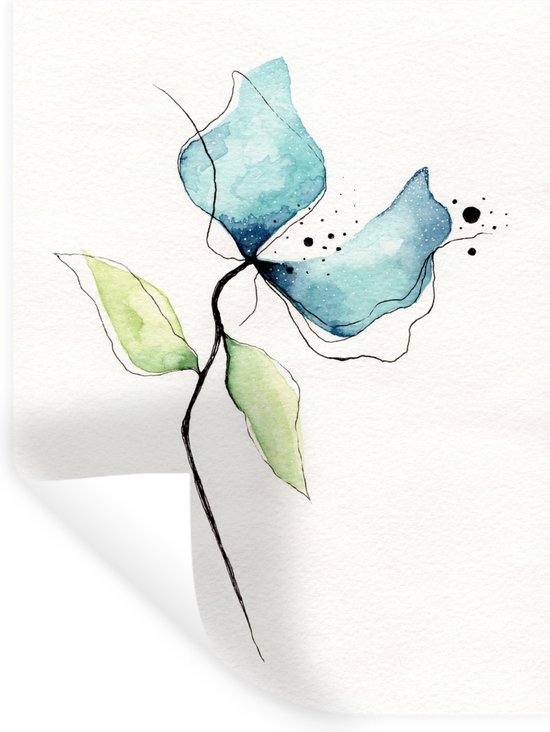 Sticker Muursticker Plantes aquarelle - Illustration aquarelle fleur bleue - 30x40 cm - feuille autocollante - sticker mural repositionnable