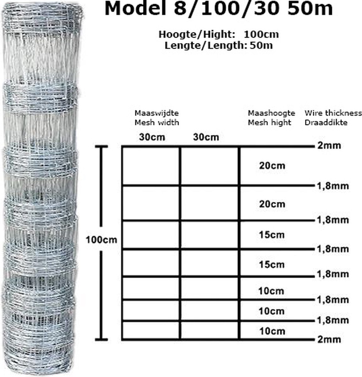 Schapengaas 2.00mm/1.80mm 100cm-8-30cm 50m Gegalvaniseerd.