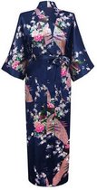 KIMU® kimono donkerblauw satijn - maat L-XL - ochtendjas yukata kamerjas badjas - boven de enkels