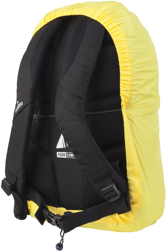 Arrière d'un sac à dos avec une housse de pluie jaune, bretelles noires.