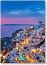 Oia avec des maisons blanches traditionnelles et des moulins à vent sur l'île de Santorin, en Grèce à l'heure bleue du soir - Portrait sur toile 50x70 - Paysage