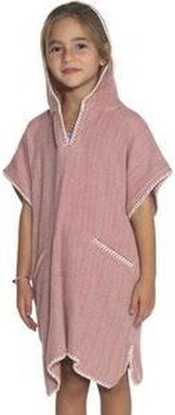 Strandponcho ZigZag Dusty Rose - maat 8-9 jaar - jongens/meisjes/unisex pasvorm - poncho handdoek voor kinderen met capuchon - zwemponcho - badcape