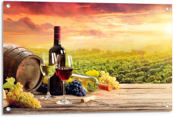 Tuinposter – Wijnvat met Wijn en Druiven - 90x60cm Foto op Tuinposter  (wanddecoratie voor buiten en binnen)