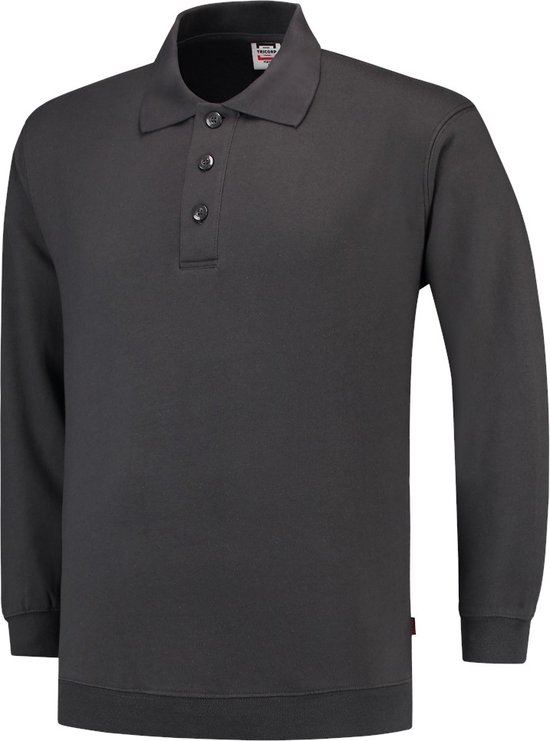 Donkergrijs Tricorp poloshirt, lange mouwen, knoopsluiting, op wit geplaatst.