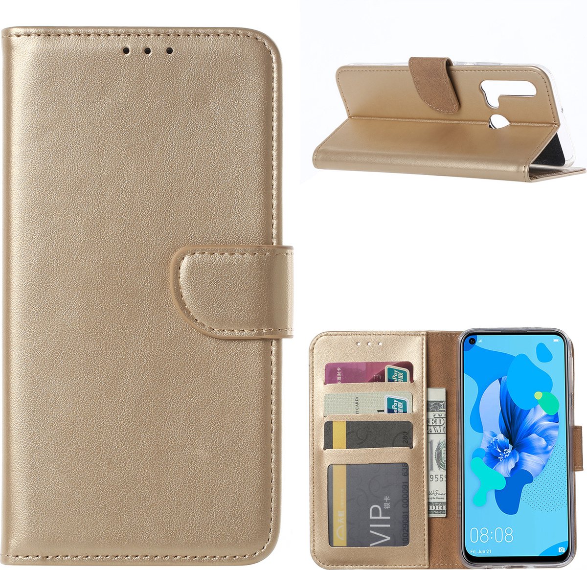 Ntech Hoesje Geschikt voor Huawei P20 lite (2019) Portemonnee / Booktype Hoesje - Goud