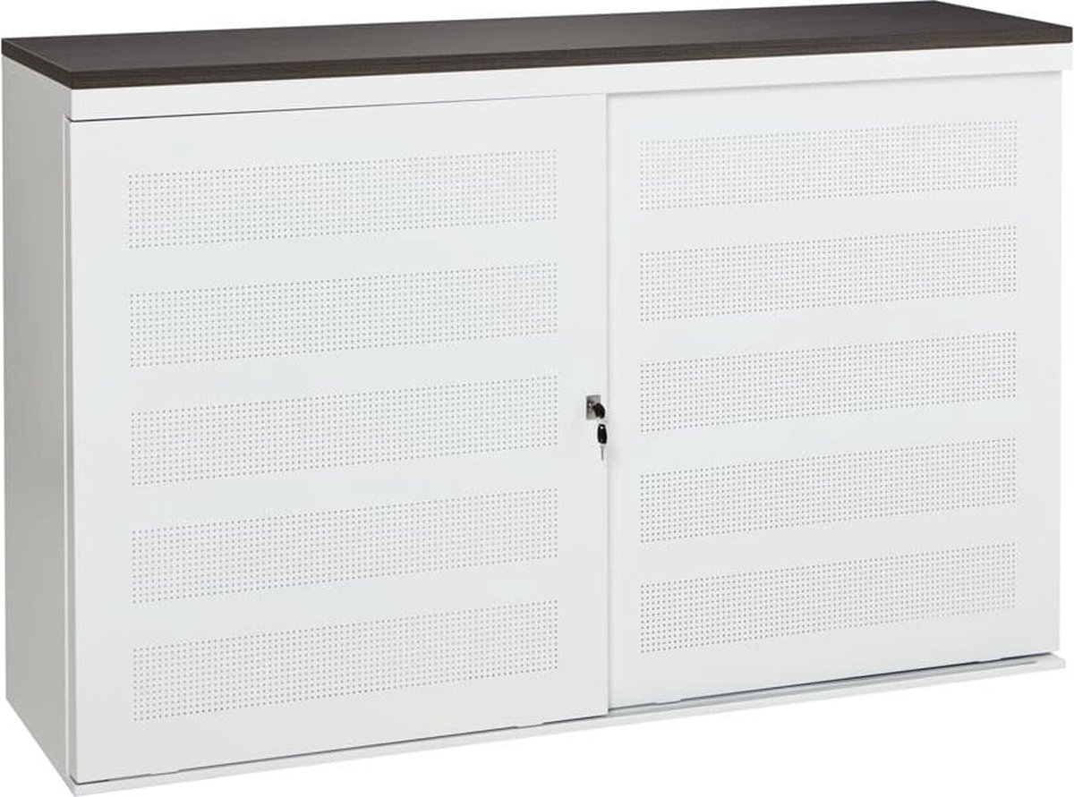 ABC Kantoormeubelen Schuifdeurkast met geperforeerde deuren breed 160CM diep 45CM hoogte 100CM bladkleur Wit framekleur Aluminium (RAL9006)