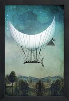 JUNIQE - Poster met houten lijst The Moon Ship -13x18 /Blauw & Grijs