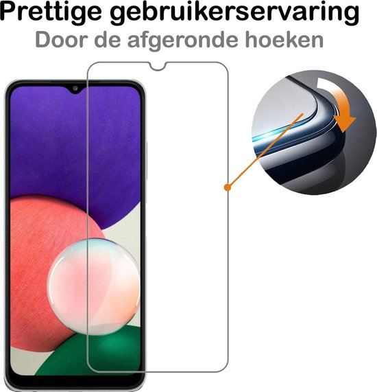 Schermprotector naast een telefoon met paars en roze bubbel wallpaper. Pijltje wijst op afgeronde hoeken voor prettige ervaring.