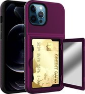 Schokbestendige pc + TPU-beschermhoes met kaartsleuven en spiegel voor iPhone 12/12 Pro (donkerpaars + zwart)