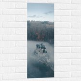 WallClassics - Muursticker - Kasteel in de Mist tussen Bossen - 30x90 cm Foto op Muursticker