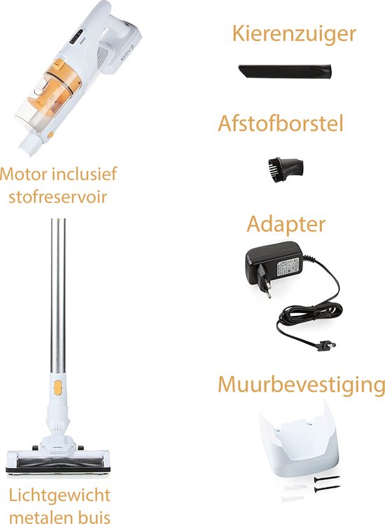 Witte en oranje steelstofzuiger met accessoires: kierzuiger, afstofborstel, adapter, muurbevestiging. Lichtgewicht metalen buis.