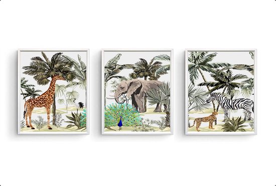 Postercity - Poster Set 3 Giraf Olifant Cheeta Zebra in de jungle aquarel / waterkleur - Dieren Jungle Poster - Kinderkamer / Babykamer - 70x50cm